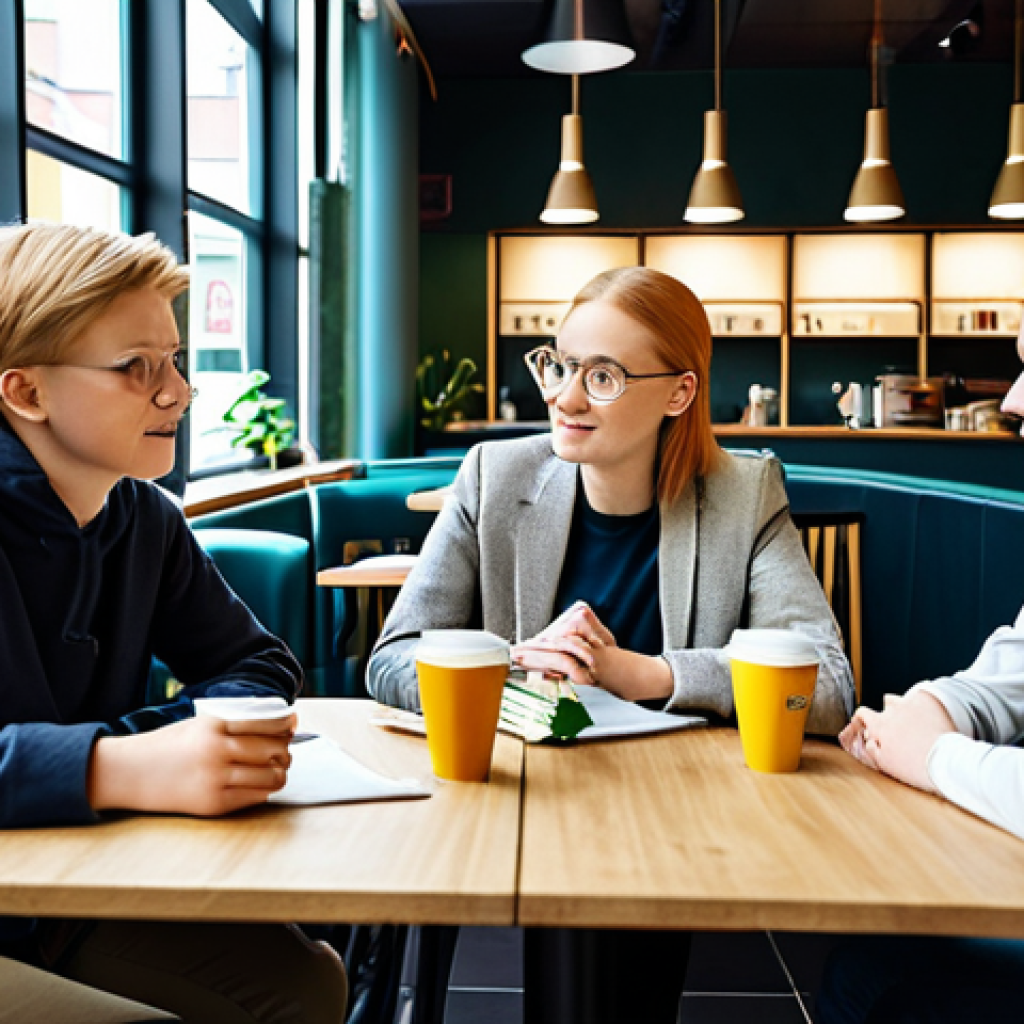 **

"A group of Finnish students participating in an environmental debate in a modern café in Tampere, fully clothed, appropriate attire, safe for work, perfect anatomy, natural proportions, educational setting, high quality, discussing sustainability, modest clothing, family-friendly."

**