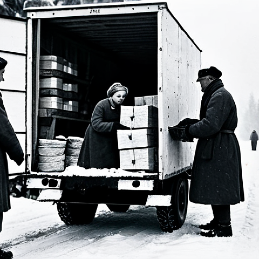 ** A black and white photo evocative of 1940s Sweden. Volunteers bundled in warm clothing, loading supplies onto a truck destined for Finland. Snow is falling lightly. Emphasize the sense of shared purpose and the harsh winter conditions. Add "historical photo, grainy, high contrast". Focus on the compassion of the Swedish people.
_"Historical photo, grainy, high contrast, Swedish volunteers loading supplies for Finland during the Winter War, 1940s, snow falling, warm clothing, shared purpose, compassion"_

**