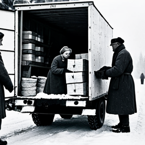 Home 9 ** A black and white photo evocative of 1940s Sweden. Volunteers bundled in warm clothing, loading supplies onto a truck destined for Finland. Snow is falling lightly. Emphasize the sense of shared purpose and the harsh winter conditions. Add "historical photo, grainy, high contrast". Focus on the compassion of the Swedish people.
_"Historical photo, grainy, high contrast, Swedish volunteers loading supplies for Finland during the Winter War, 1940s, snow falling, warm clothing, shared purpose, compassion"_
**