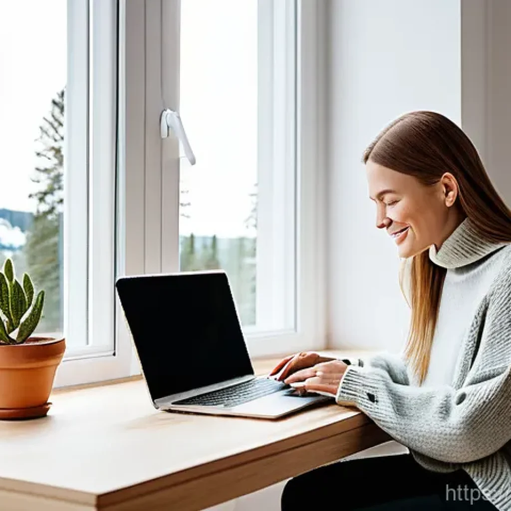 핀란드 프리랜서로 일하는 법 - **Prompt:** A female freelancer, in her early 30s, with a warm smile, focused on her laptop in a bri...