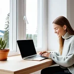 핀란드 프리랜서로 일하는 법 - **Prompt:** A female freelancer, in her early 30s, with a warm smile, focused on her laptop in a bri...