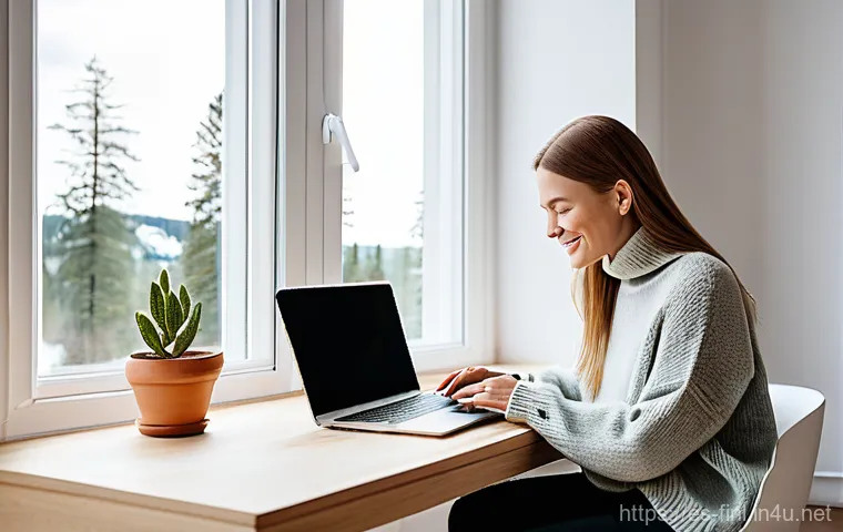 핀란드 프리랜서로 일하는 법 - **Prompt:** A female freelancer, in her early 30s, with a warm smile, focused on her laptop in a bri...