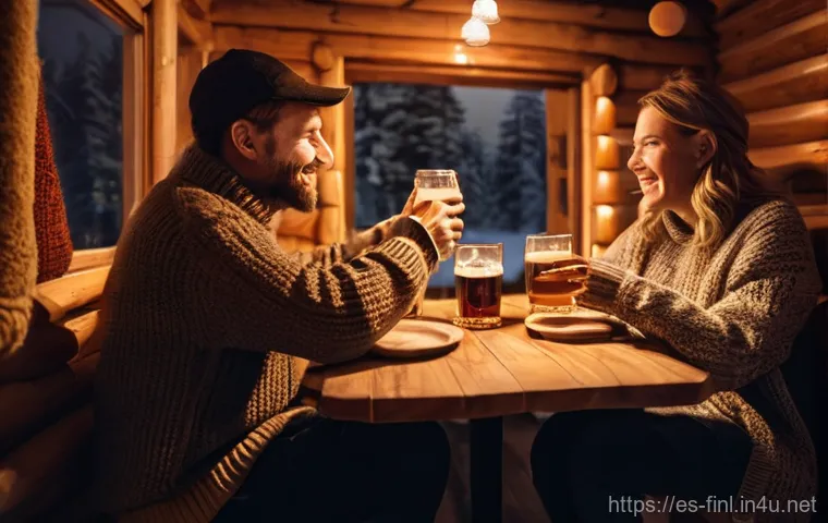 핀란드 음주 문화와 주류 종류 - **Prompt 1: Finnish Sisu and Communal Toasts in a Cozy Winter Setting**
"A group of diverse Finn...