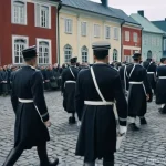 핀란드 내전 주요 사건 - **Prompt: Pre-War Finnish Society in Turmoil**
    "A wide, evocative shot of a bustling Finnish tow...