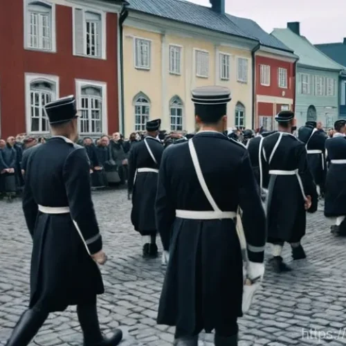 Home 20 핀란드 내전 주요 사건 - **Prompt: Pre-War Finnish Society in Turmoil**
"A wide, evocative shot of a bustling Finnish tow...