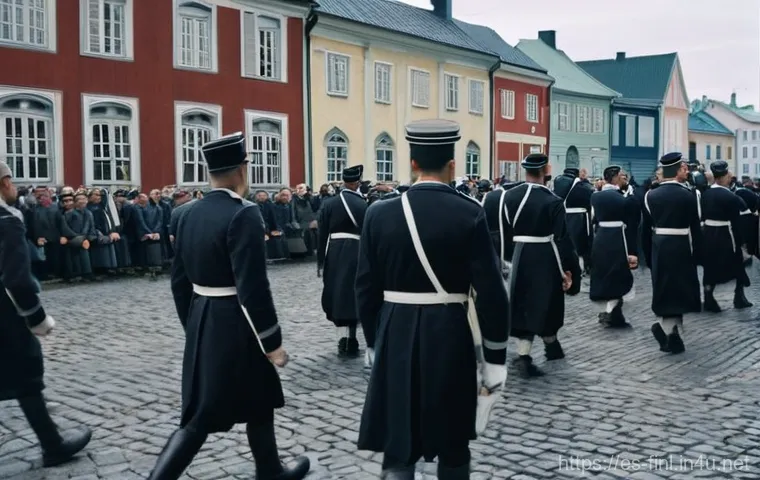 핀란드 내전 주요 사건 - **Prompt: Pre-War Finnish Society in Turmoil**
"A wide, evocative shot of a bustling Finnish tow...