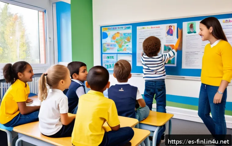 핀란드 복지제도 장단점 - A vibrant Finnish classroom scene showing diverse children, including immigrant students, engaged in...