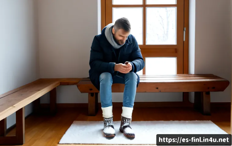 핀란드 생활 팁 및 문화 차이 - Photorealistic winter morning in a bright Finnish apartment entryway, a Spanish-speaking traveler in...